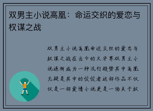 双男主小说高凰：命运交织的爱恋与权谋之战